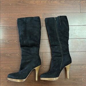 Black Suede Zip Up Knee-High Boots